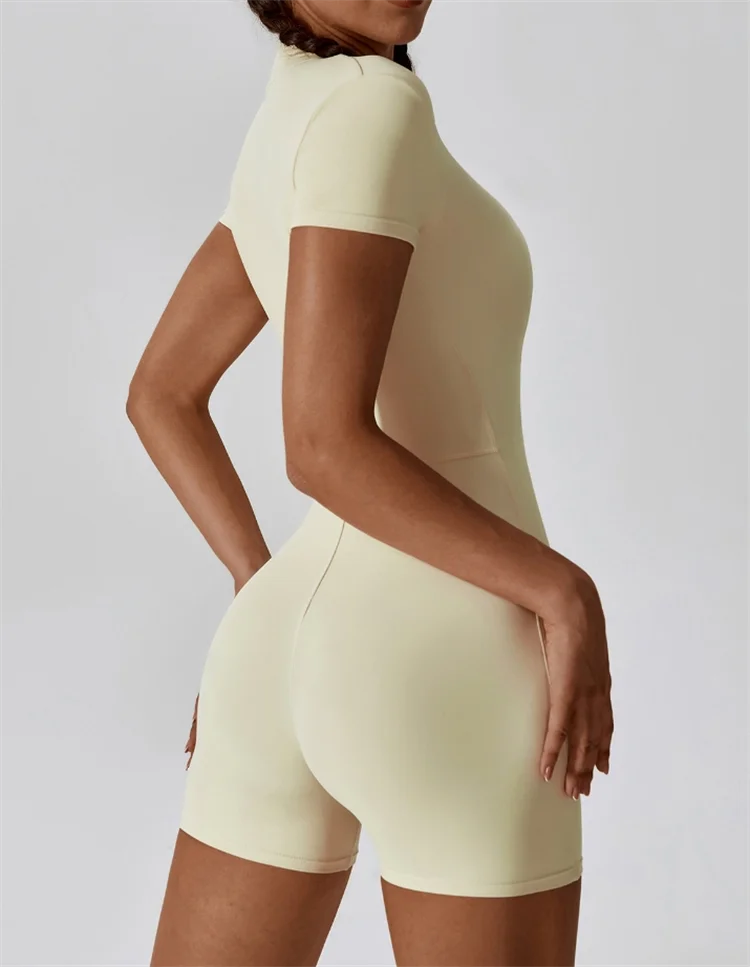Women's Zip-Up One-Piece Yoga Jumpsuit – Short Sleeve, Stand Collar, Form-Fitting Activewear