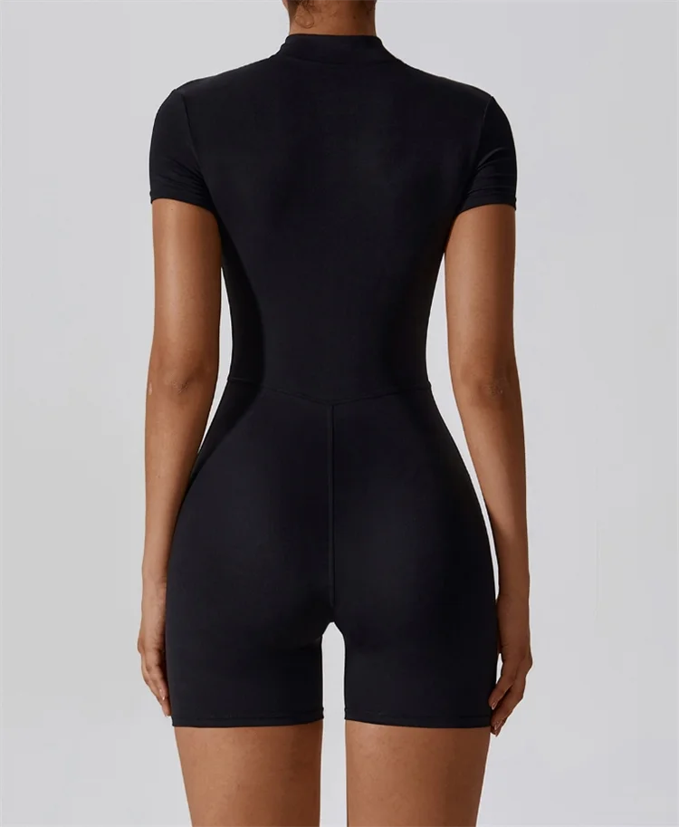 Women's Zip-Up One-Piece Yoga Jumpsuit – Short Sleeve, Stand Collar, Form-Fitting Activewear