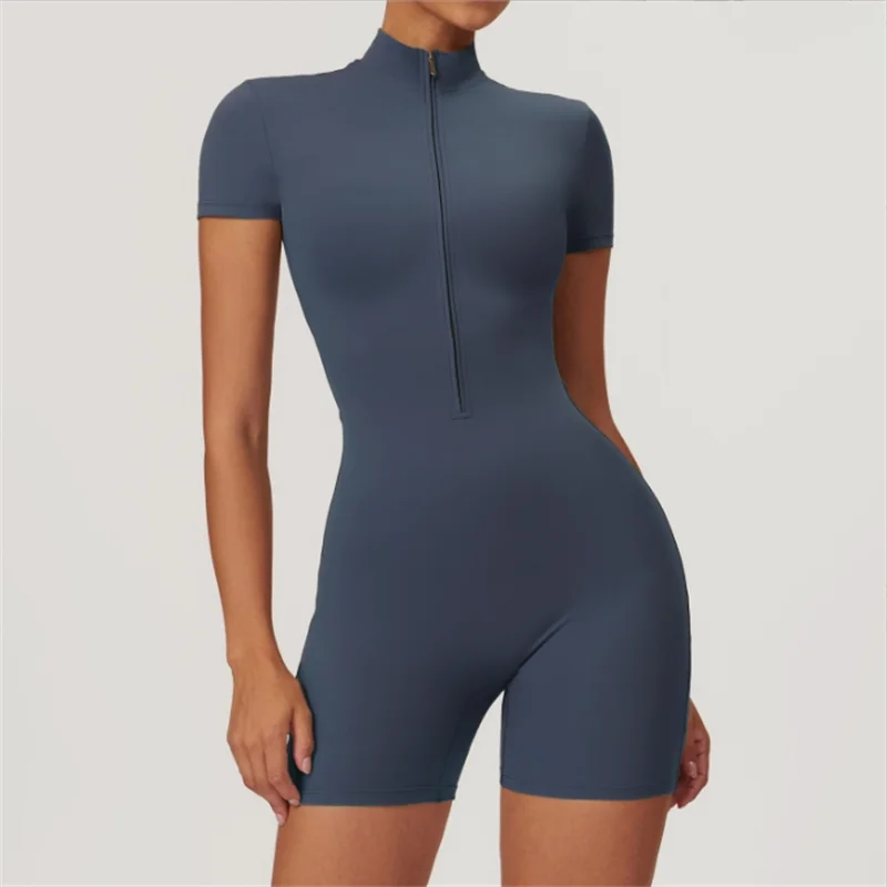 Women's Zip-Up One-Piece Yoga Jumpsuit – Short Sleeve, Stand Collar, Form-Fitting Activewear